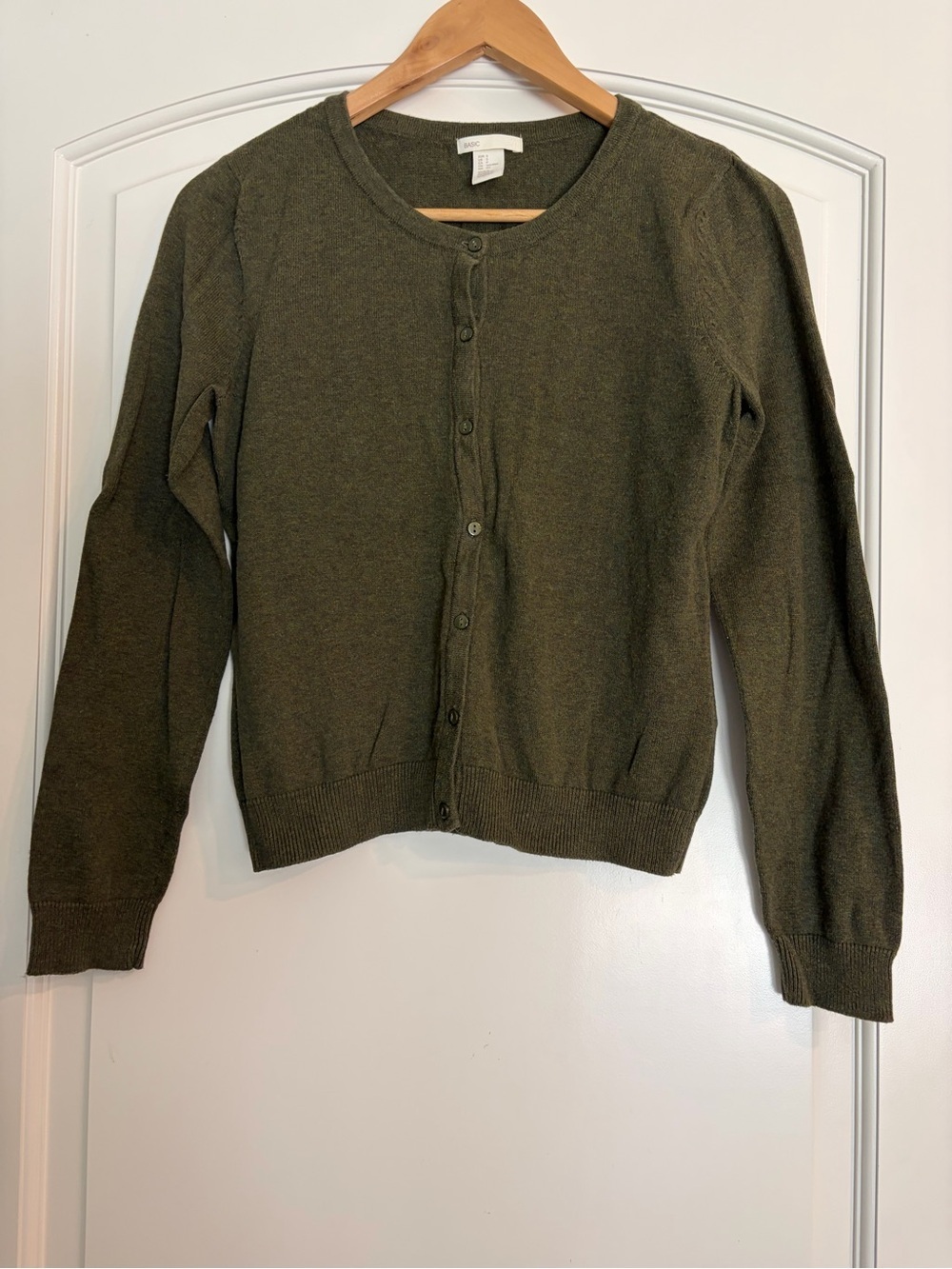H& M Basic Classic Crewneck Button-Front Sweater Cardigan - Olive Green S
